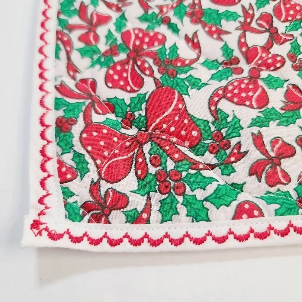 Vintage Red Polka Dot Ribbon Bow Holly Christmas Pot Holder